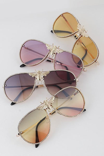 Rhinestones Aviator Bee Accent Gradient Sunglasses (MEZ777)