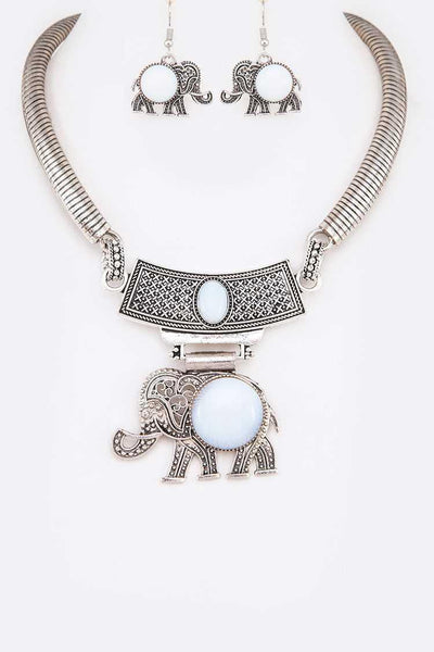 White Stone Elephant Collar Necklace Set