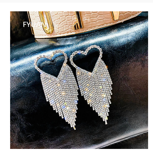 Silver Rhinestone Heart Tassel Earrings
