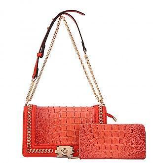 2-in-1 Orange Croc Shoulder Crossbody Bag w/Wallet
